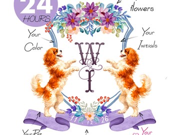 Stemma nuziale con fiori selvatici viola: stemma con monogramma, cani e fiori ad acquerello.