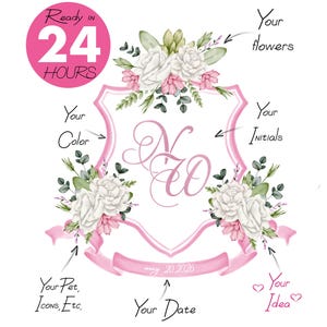 White Roses Wedding Crest - Custom Monogram, Floral Luxury Watercolor Crest