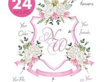 Stemma nuziale con rose bianche - Monogramma personalizzato, stemma floreale di lusso ad acquerello