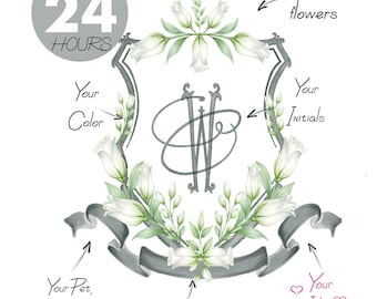 Stemma nuziale personalizzato - Stemma di lusso con monogramma ad acquerello e fiori di giglio bianco