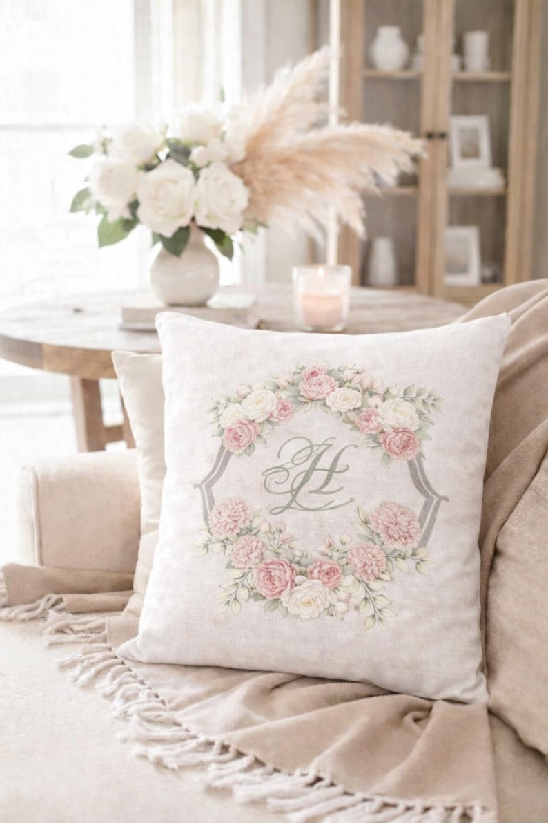 Decorative pillow with a personalized watercolor wedding crest monogram in soft pink florals displayed in a neutral living room.