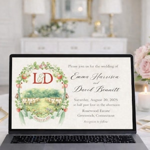 Laptop displaying wedding invitation with custom watercolor crest monogram and scenic personalized artwork in an elegant setting.