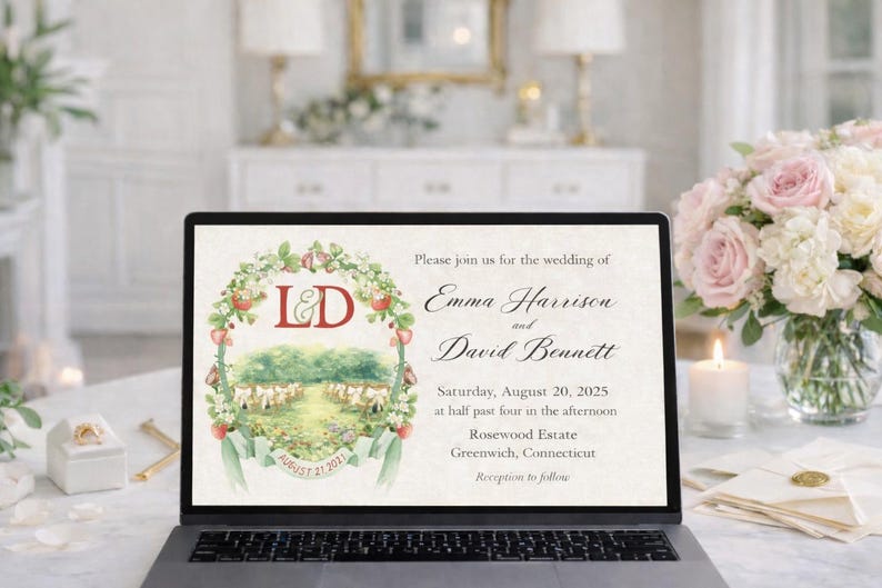 Laptop displaying wedding invitation with custom watercolor crest monogram and scenic personalized artwork in an elegant setting.