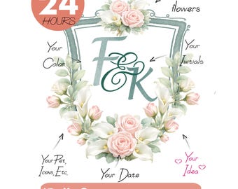Monogramma personalizzato con stemma nuziale floreale ad acquerello - Logo romantico per matrimoni