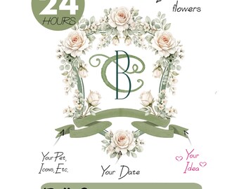 Stemma nuziale con rose avorio, monogramma nuziale, fiori ad acquerello personalizzati