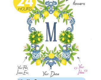 Stemma nuziale con monogramma e limone giallo ad acquerello (Download digitale)