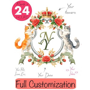 Red Roses Crest Monogram: Wedding Crest Watercolor Flowers, Custom Welcome Sign