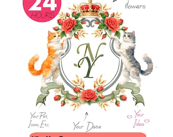 Monogramma con stemma di rose rosse: stemma nuziale con fiori ad acquerello, cartello di benvenuto personalizzato