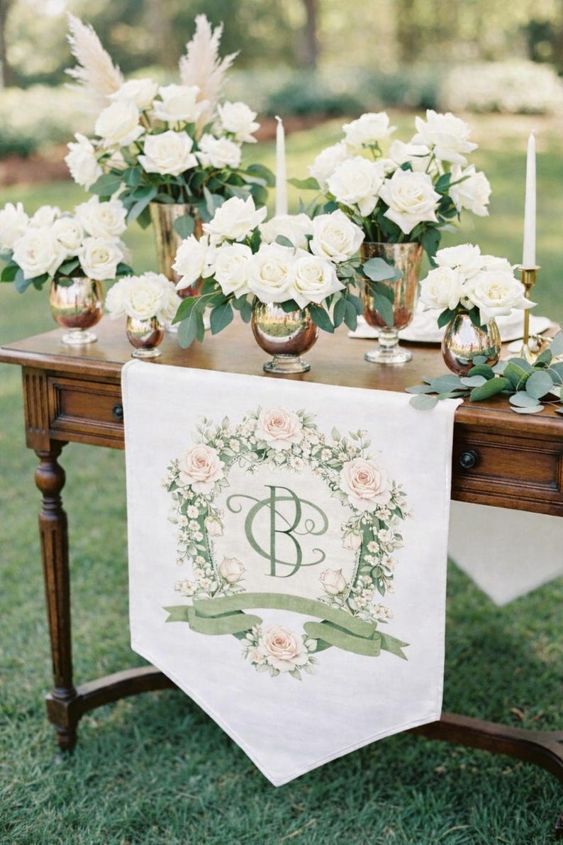 Wooden wedding table with white floral arrangements and a fabric runner featuring a personalized watercolor wedding crest monogram.