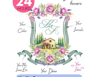Stemma personalizzato con peonie rosa - Monogramma nuziale di lusso ad acquerello (file digitali)