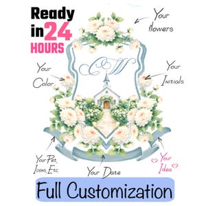 Könnte beinhalten: Ein individuelles Design mit einem hellblauen Wappen, weißen Blumen und einer Kirchenillustration. Der Text enthält "Ready in 24 HOURS" und "Full Customization". Das Design bietet auch Platz für Initialen, Datum und Symbole.