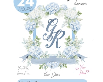 Stemma nuziale con ortensie blu, monogramma ad acquerello, monogramma personalizzato