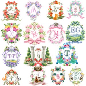 Collection of custom watercolor wedding crests with monogram initials, featuring floral designs, ribbons, pets, landscapes and romantic personalized details.