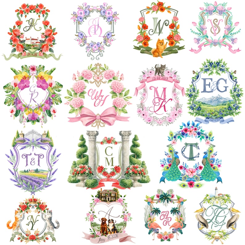 Collection of custom watercolor wedding crests with monogram initials, featuring floral designs, ribbons, pets, landscapes and romantic personalized details.