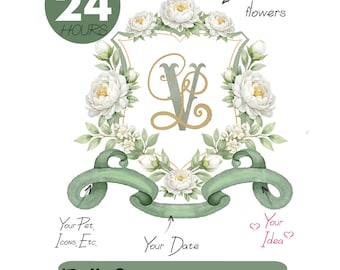 Monogramma con stemma di peonie bianche - Stemma floreale personalizzato, logo per matrimonio ad acquerello