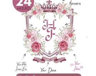 Stemma nuziale romantico - Stemma ad acquerello, monogramma personalizzato