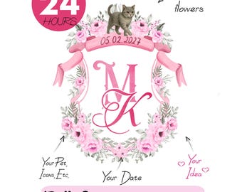 Stemma nuziale rosa, monogramma personalizzato, stemma ad acquerello con gatto