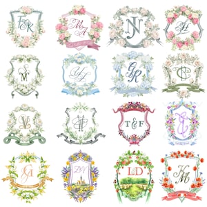 Collage of custom watercolor wedding crest monograms with floral frames, soft pastel blooms, ribbons and elegant personalized initials.