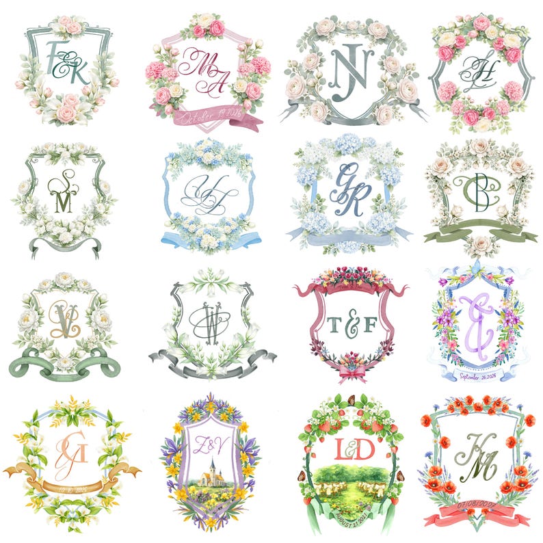 Collage of custom watercolor wedding crest monograms with floral frames, soft pastel blooms, ribbons and elegant personalized initials.