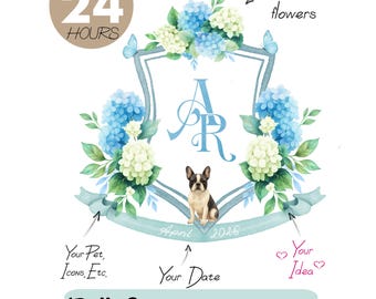 Stemma con ortensia azzurra - Monogramma personalizzato per stemma di matrimonio, logo disegnato a mano