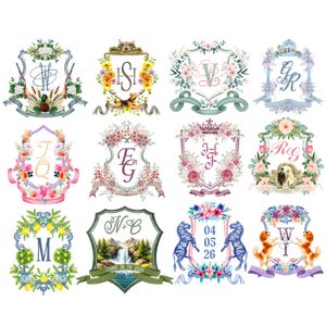 Collection of custom watercolor wedding crests with monograms, flowers, pets, homes, landscapes and meaningful personalized details.