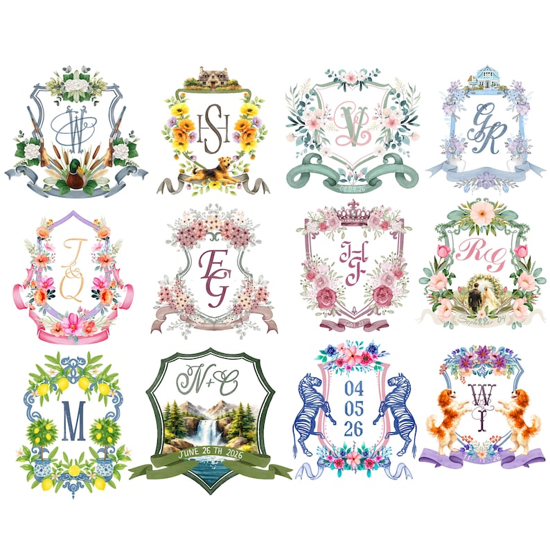 Collection of custom watercolor wedding crests with monograms, flowers, pets, homes, landscapes and meaningful personalized details.