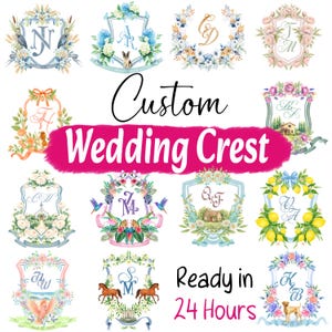 Op de afbeelding: Een verzameling van twaalf aangepaste trouwemblemen met aquarelillustraties van bloemen, dieren en landschappen met gemonogrammeerde initialen. De afbeelding bevat de tekst Custom Wedding Crest en Ready in 24 Hours.