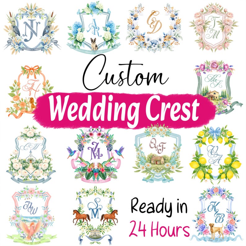 May include: A collection of twelve custom wedding crest designs featuring watercolor illustrations of flowers, animals, and landscapes with monogrammed initials. The image includes the text Custom Wedding Crest and Ready in 24 Hours.