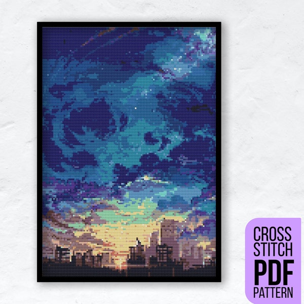 Sky PDF Cross Stitch Pattern | Japan Sky Anime Cross Stitch Chart | Large Landscape Poster Cross Stitch