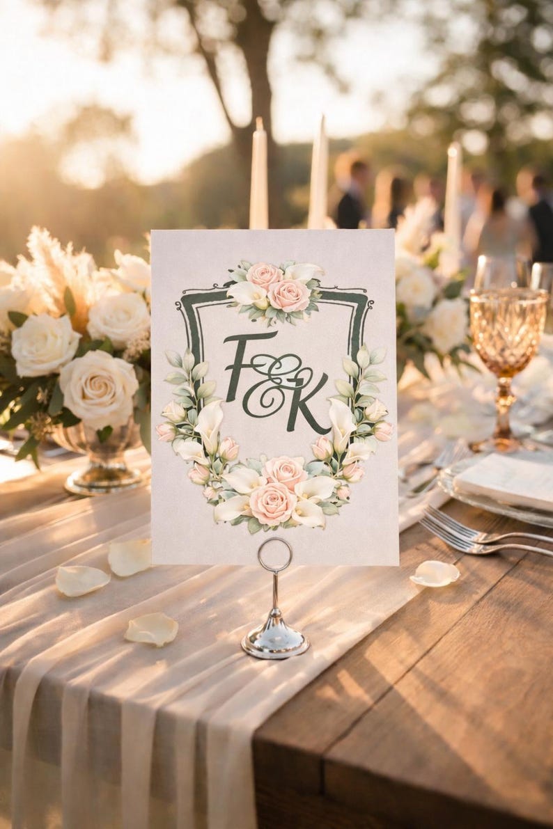 Wedding table card with a personalized watercolor wedding crest monogram displayed on an elegant reception table at sunset.