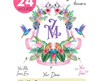 Monogramma personalizzato per stemma di matrimonio, stemma ad acquerello, decorazione per addio al nubilato.