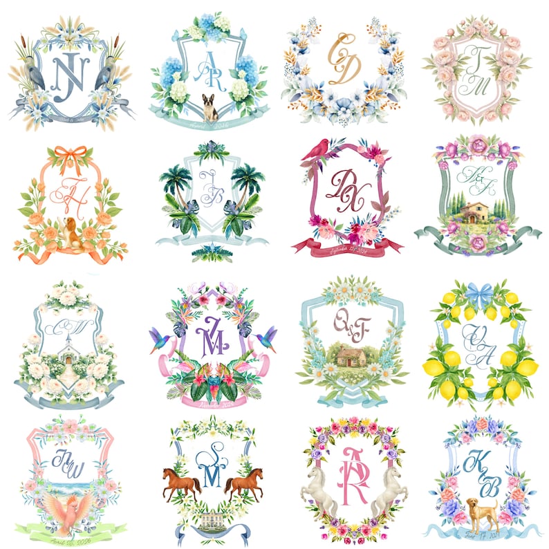 Watercolor wedding crest monogram collection with floral frames, pets, homes, birds, citrus and romantic custom details.