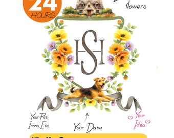 Stemma nuziale floreale - Monogramma personalizzato, stemma con fiori selvatici ad acquerello (consegna in 24 ore)