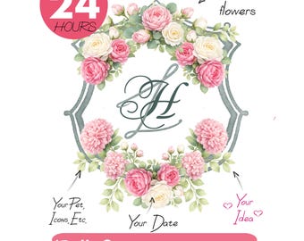 Stemma nuziale - Monogramma nuziale, logo floreale ad acquerello, floreale vintage