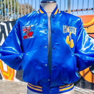 GOLDEN GLOVES KANGAROO Vintage Bomber Jacket size Medium | Blue and Yellow with Custom Patch and Graphic Print