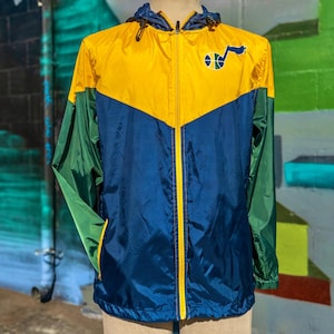 UTAH JAZZ NBA Vintage Windbreaker Jacket Size Medium | Green Blue and Yellow (Utah Jazz 1980s Retro Colorway)