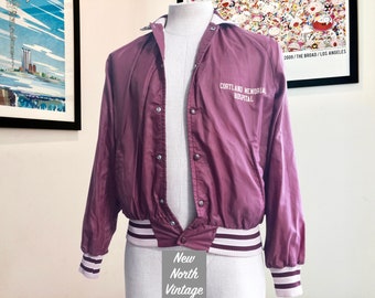 CORTLAND MEMORIAL Hospital Vintage Bomber Jacket (by Champion) | Burgundy Maroon w/ Grey & Black Trim and Grey Font Size Men's Medium