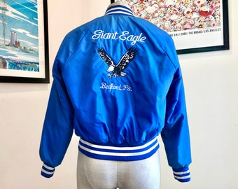 GIANT EAGLE (Bedford, PA) Vintage Bomber Jacket | Blue with white trim/script, fits as Size Mens Medium