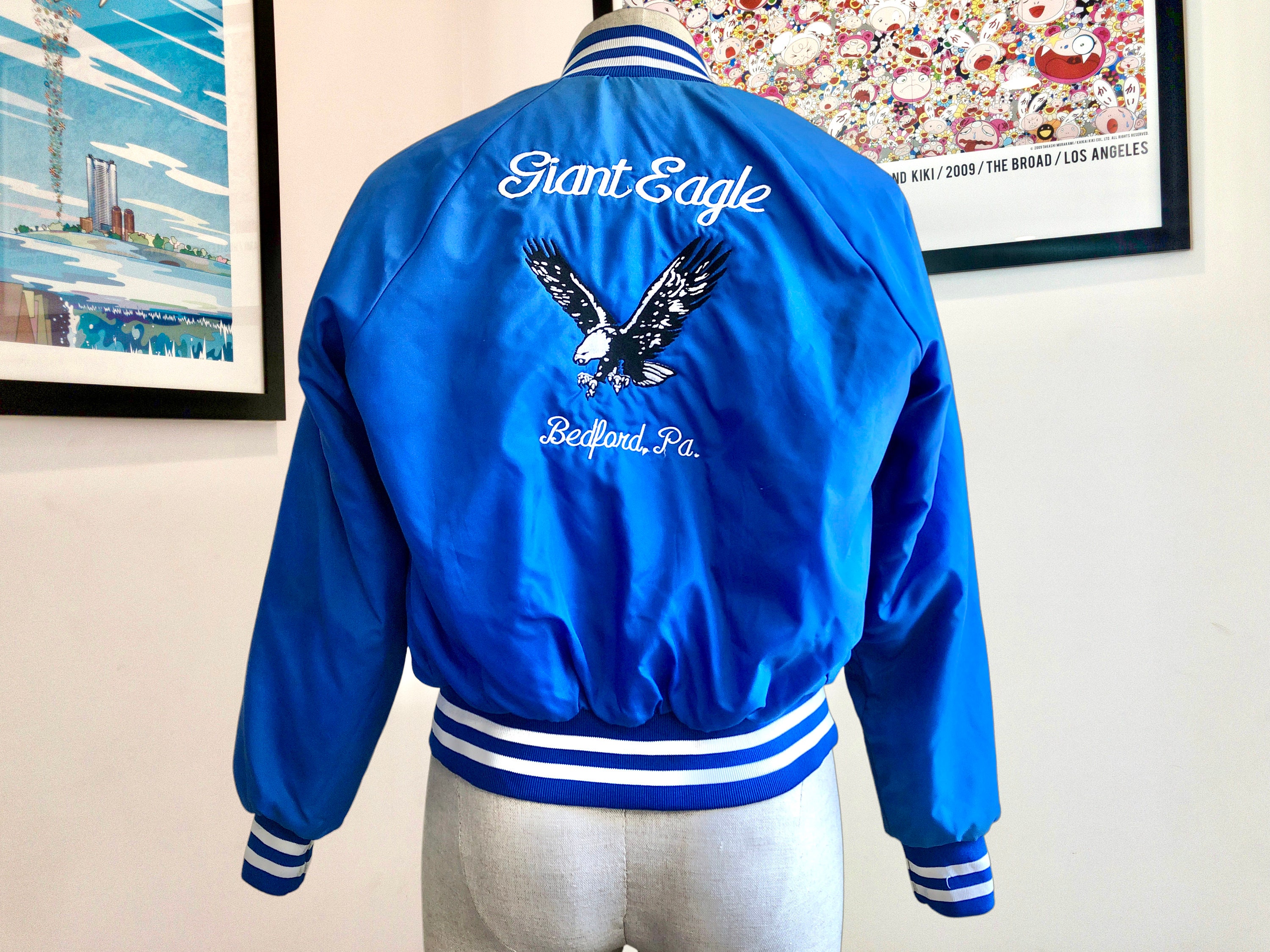 GIANT EAGLE bedford PA Vintage Bomber Jacket Blue With White Trim