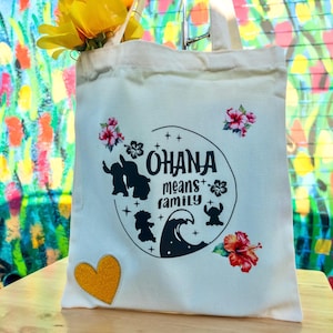 LILO AND STITCH Ohana Means Family Canvas Tote Bag- Black Print | Handmade With Custom Floral Hibiscus Embroidery and Chenille Heart Patch