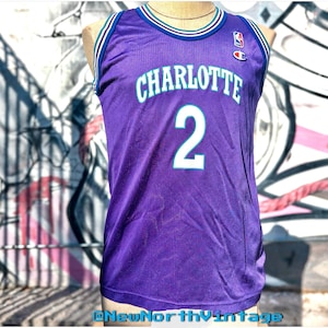 CHARLOTTE HORNETS #2 Vintage NBA Basketball Jersey (Larry Johnson aka ‘Grandmama’) Size Youth Xl by Champion | Purple and White retro 90s