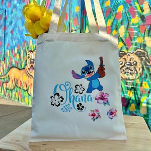 LILO AND STITCH Ohana Means Family Canvas Tote Bag- Purple | Handmade With Custom Floral Hibiscus Embroidery Double Side Print 14” x 12”