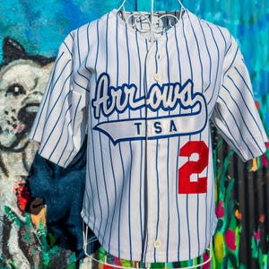 ARROWS BASEBALL #2 Vintage Crop Top Baseball Jersey size Small | White with Blue Pinstripe and Retro Embroidery