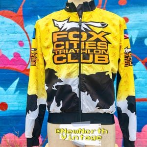 FOX CITIES TRIATHLON Club Vintage Windbreaker Jacket Size Medium | Yellow & Black with Cowhide multi color print (Appleton, Wisconsin)