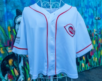 CINCINNATI REDS MLB Vintage Crop Top Baseball Jersey Size Medium (Hoxworth Blood Donor Limited Edition) | White & Red with Retro Embroidery