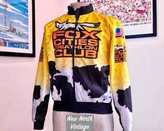 FOX CITIES TRIATHLON Club Vintage Bomber Jacket | Yellow with multi color print/design, Size Mens Medium