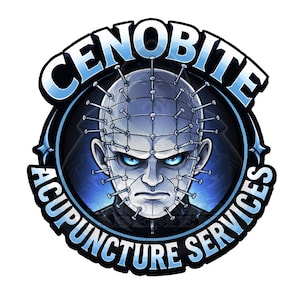 May include: A digital illustration featuring a character with a pale face, blue eyes, and numerous pins in the head. The text "CENOBITE ACUPUNCTURE SERVICES" is in a curved font around the character's head, set against a blue and black background.