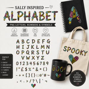 Peut inclure: Un ensemble d'alphabet numérique avec des lettres, des chiffres et des symboles dans un design patchwork. Comprend une tasse noire avec "BOO!" et un sac fourre-tout avec "SPOOKY" imprimé dessus. Comprend également un carnet avec la lettre "A".