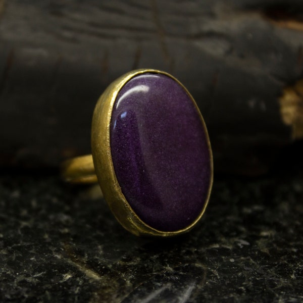 Purple Jade Gold Ring, 24K Gold Plated 925 Sterling Silver, Oval Cut Violet Jade, Spiritual Inner Peace, Lavender Jade Ring by Sirona