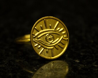 Evil Eye Gold Coin Ring, 24K Gold Plated, 925 Sterling Silver, Guardian Ring, Third Eye Medallion Coin Ring, Positive Energy Ring by Sirona
